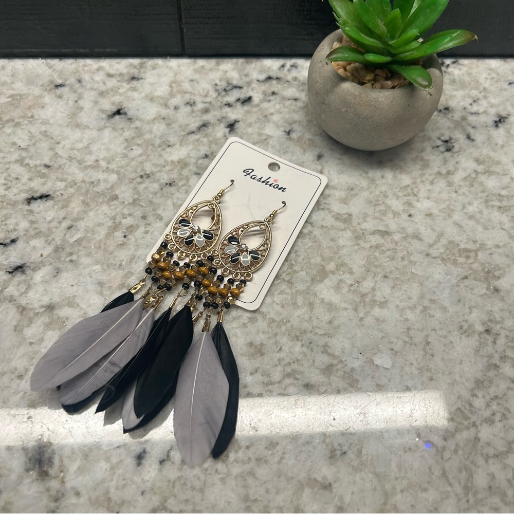 Boho Chic Black/Gray Feather Earrings - Picture 2 of 3